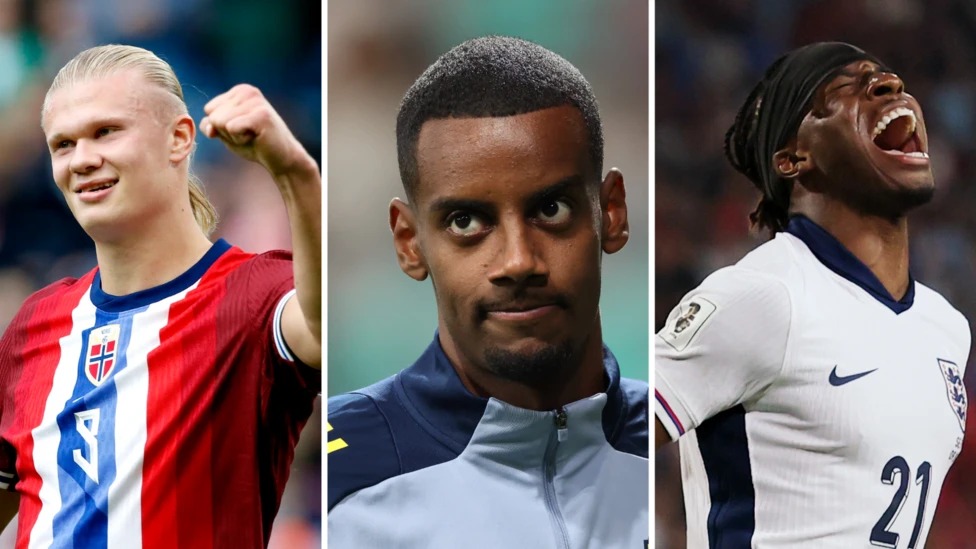 哈蘭德（左）、伊薩克（中）和馬杜?？耍ㄓ遥┚趪H比賽期間代表國家隊出場