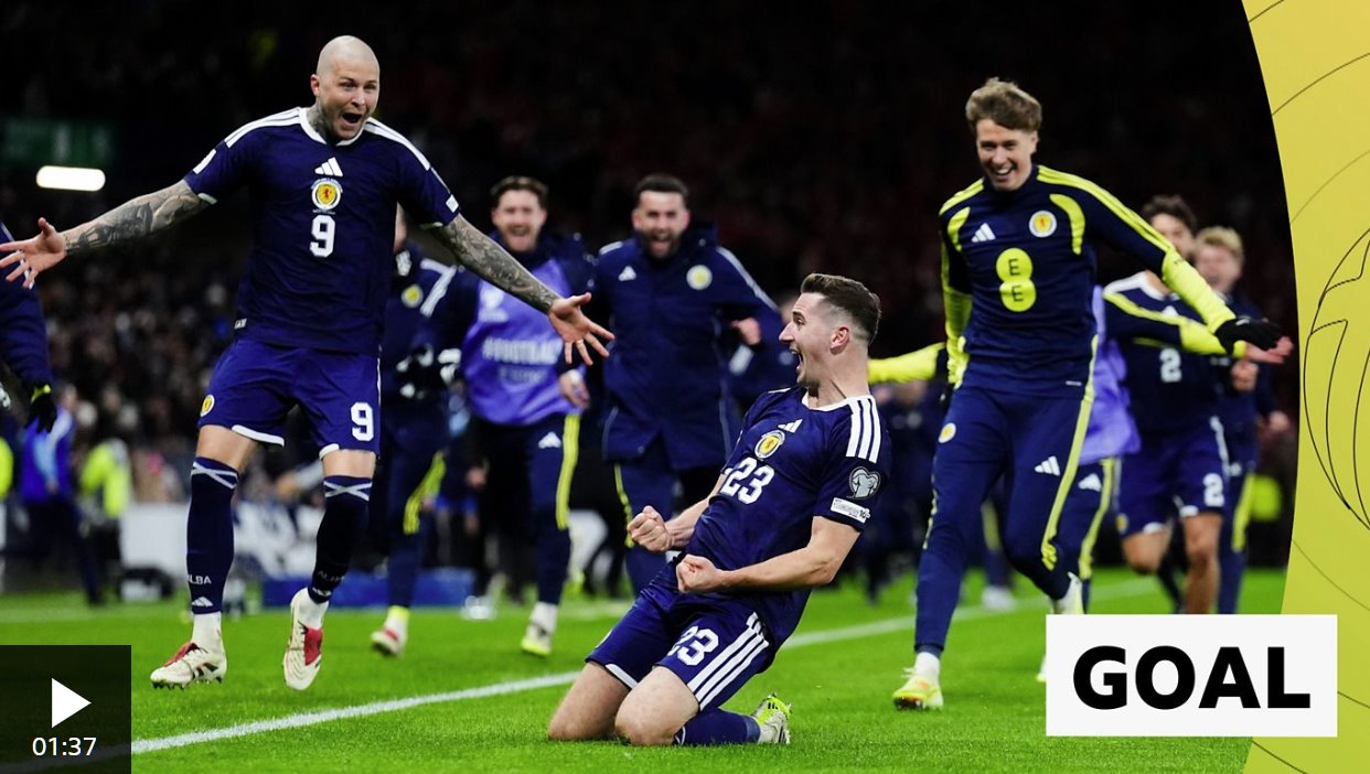 麥克萊恩中場遠(yuǎn)射破門，鎖定蘇格蘭世界杯參賽資格。